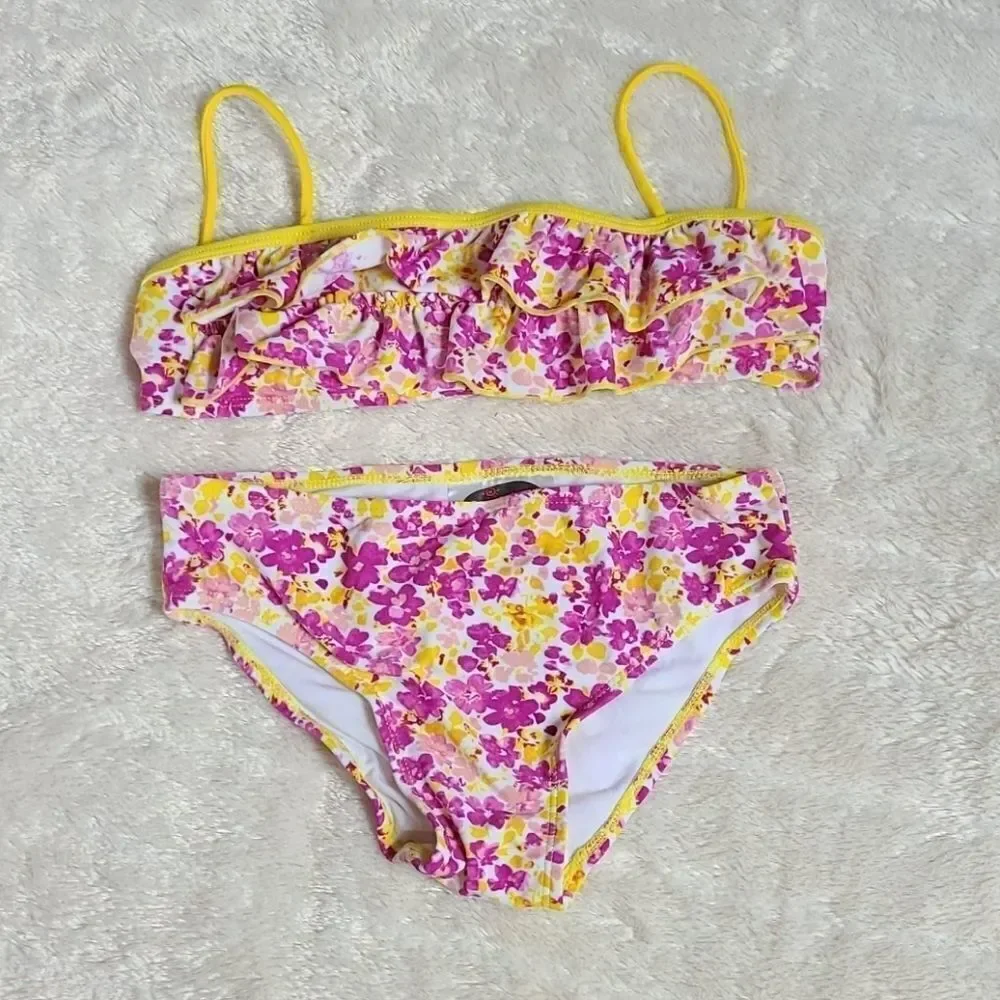 Coastalista Floral Bikini Swimsuit Set Girls Yellow Pink Ruffle Swimwear 4 6